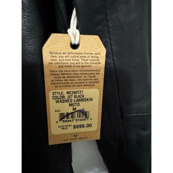 True Religion Black Genuine Lambskin Leather Double Zip Moto Jacket Rare Medium - Picture 11 of 13